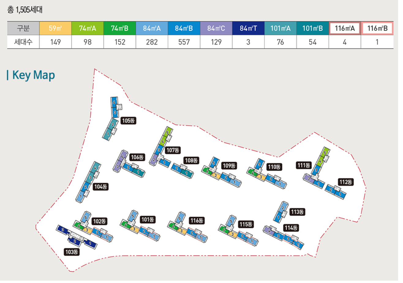 음성자이 센트럴시티 Key Map — 101동부터 116동까지의 배치와 라인별 타입 색상
